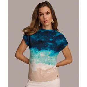 Donna Karan Women's Printed Short-Sleeve Top Blue Size XL MSRP $69
